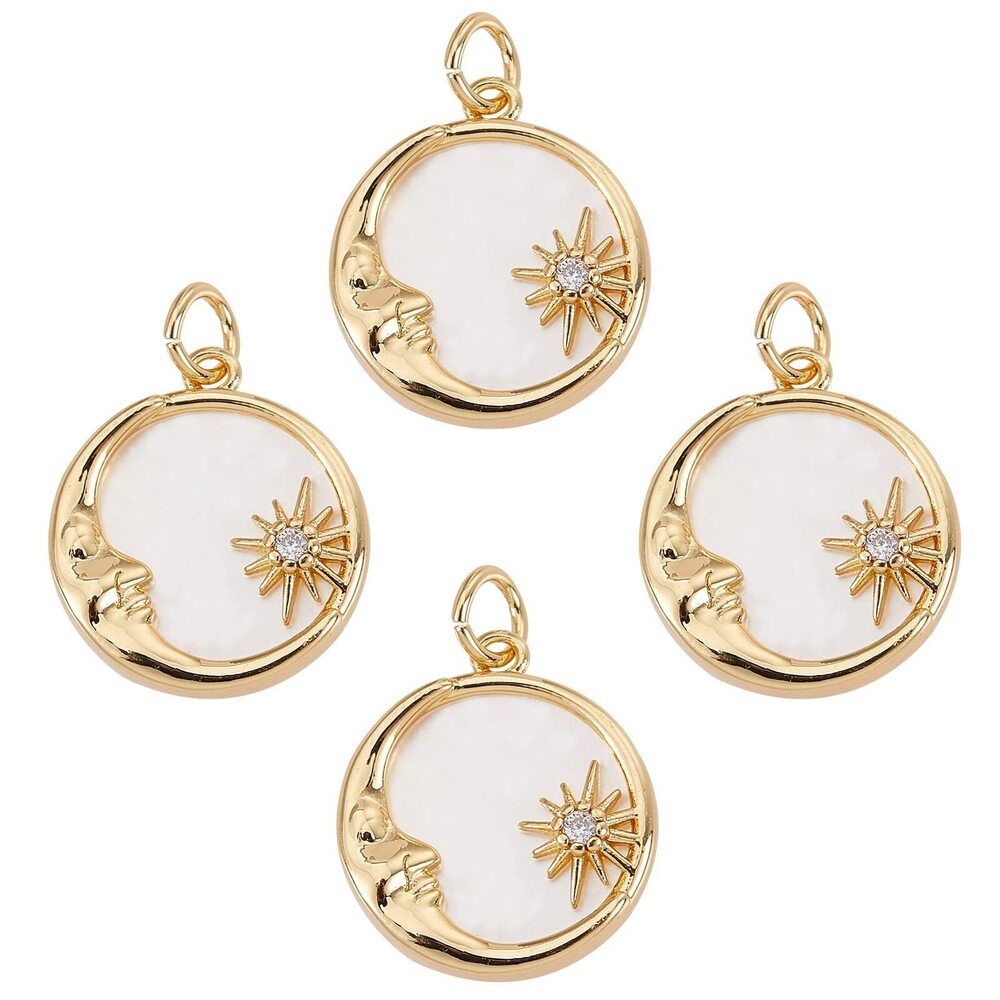 8818 4 Pieces Flat Round Moon Sun Charms Brass Micro Pave Clear Cubic